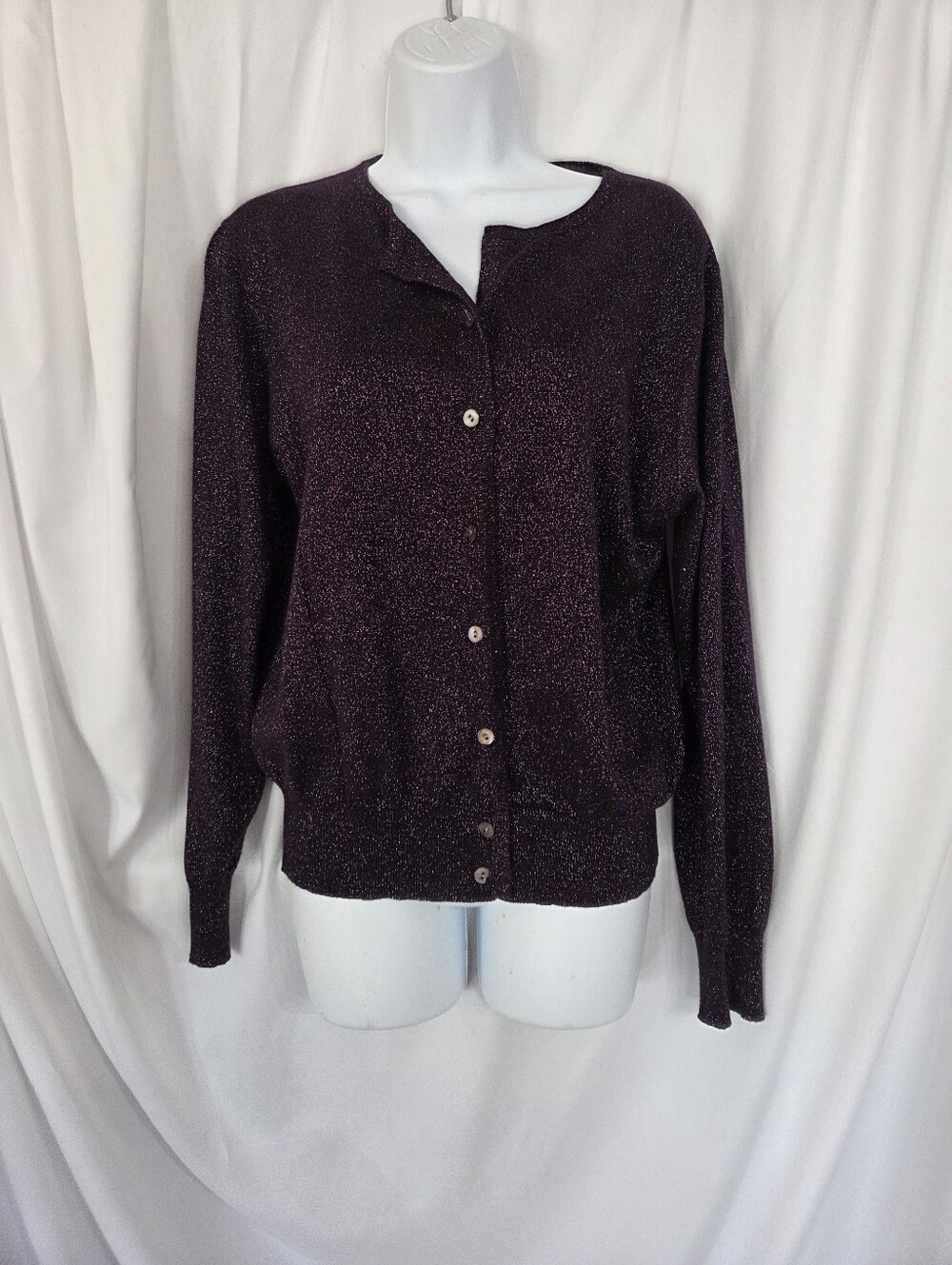 Hillard & Hanson Shimmery Plum/Purple Button-Front Glitter Cardigan Size L
